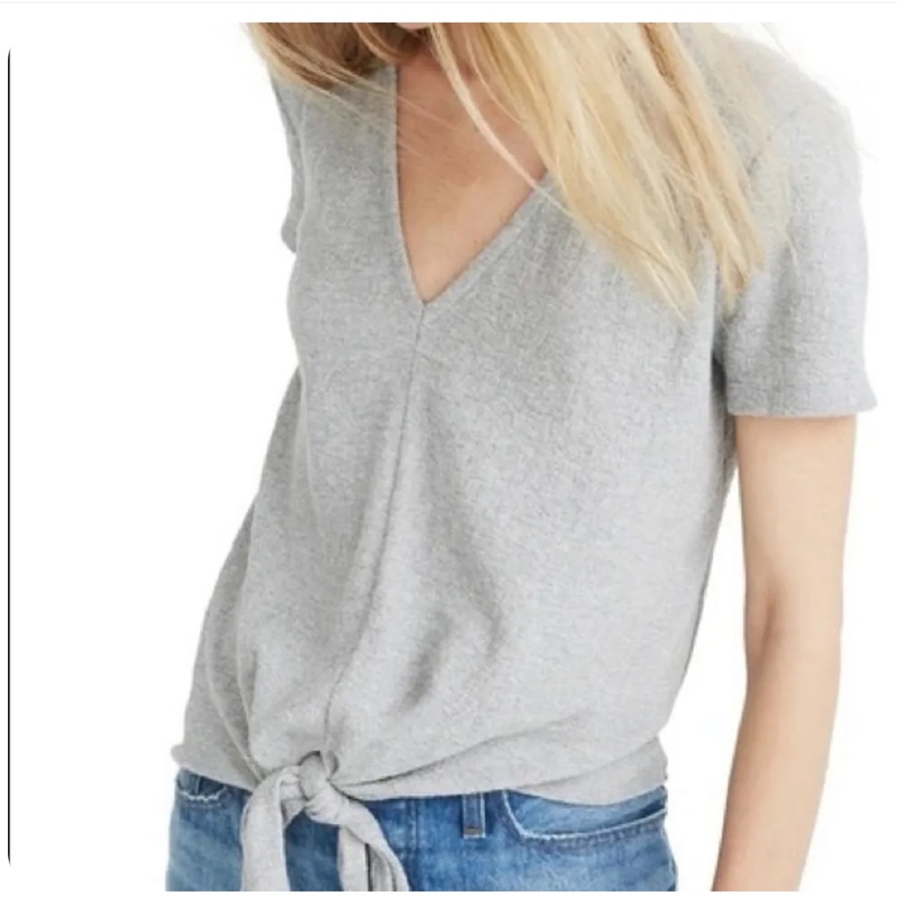 Madewell Texture & Thread Light Gray Tie Front V-Neck Short Sleeve Top